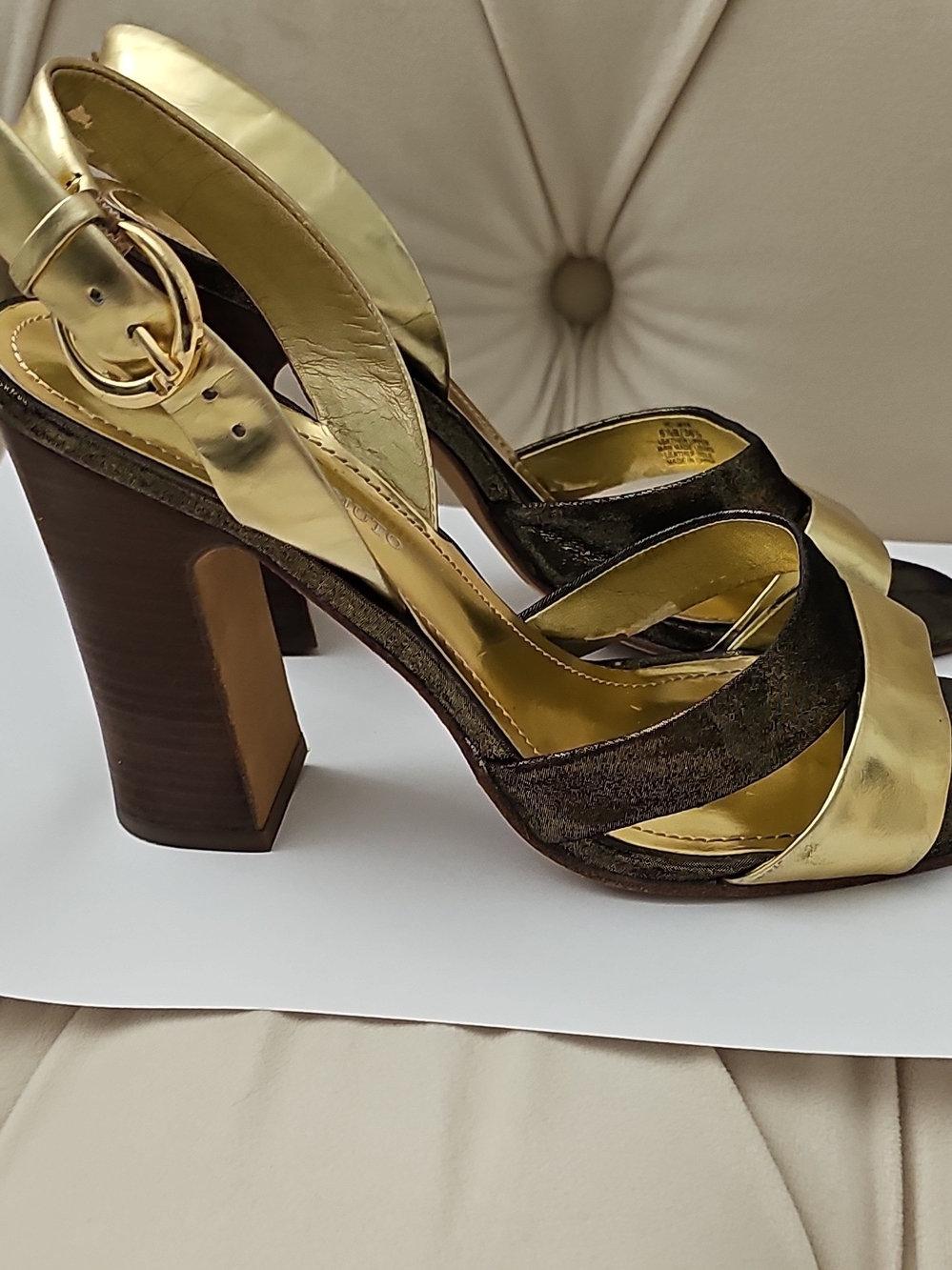 Vince Camuto Metallic Gold and Dark Brown Strappy Block Heel Sandals, 6.5